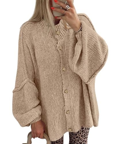 BTFBM Oversized Cardigan Sweaters For Women Casual 2026 Trendy Fall Clothes | Lantern Long Sleeve Button Open Front, Loose Fit, Soft Chunky Knit Sweater, Fashion Clothing, Daily Going Out, Winter Outwear