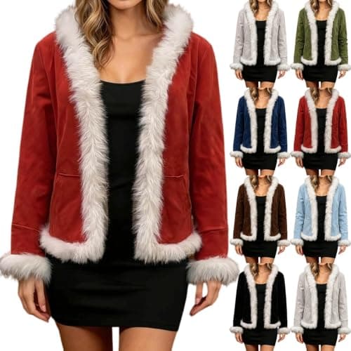 Christmas Cardigan for Women Faux Fur Trim Hooded Jacket Red Small | Plush Faux Fur Trim,Soft Warm Hoodies,Sweater Coat,Holiday Outerwear,Christmas Costume,Party Clubwear