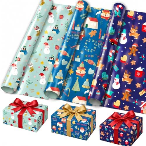 Christmas Wrapping Paper,Christmas Decorations Bags,Gift for Kids Men Women | Wrapping Paper Jumbo Sheets,27" x 39", Red and Black Snowmen, Trees, Santa, Holiday Gift Wrap Set,Xmas Party Favors