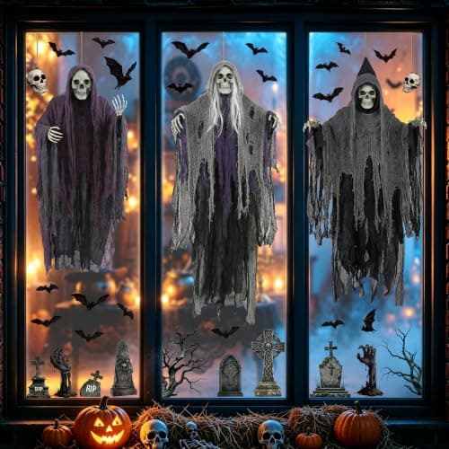 54 PCS Large Halloween Decor, Grim Reaper Halloween Window Clings for Home