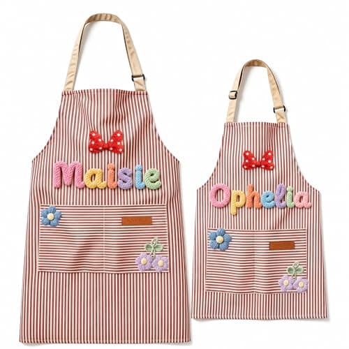 Customizable personalized aprons in adult and child sizes with printed names; these waterproof aprons for kitchen cooking, baking, painting feature pockets and adjustable straps, ideal for home use.