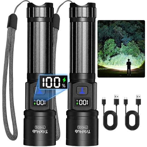 TrixHub Rechargeable Flashlights 2 Pack Super Bright High Lumens Flashlight | LCD Digital Display, 5 Modes, USB C Charging, Zoomable Linternas, Powerful Handheld Flashlights for Home Emergencies Camping