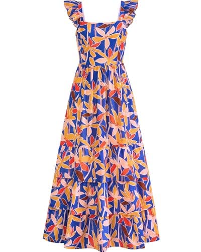 dowerme Women Summer Ruffle Straps Smocked A-Line Boho Floral Maxi Dress | Casual Print Tiered Long Wedding Guest Dresses,Fall Beach Vacation Clothes,Spring Sleeveless Layered Sundress with Pockets