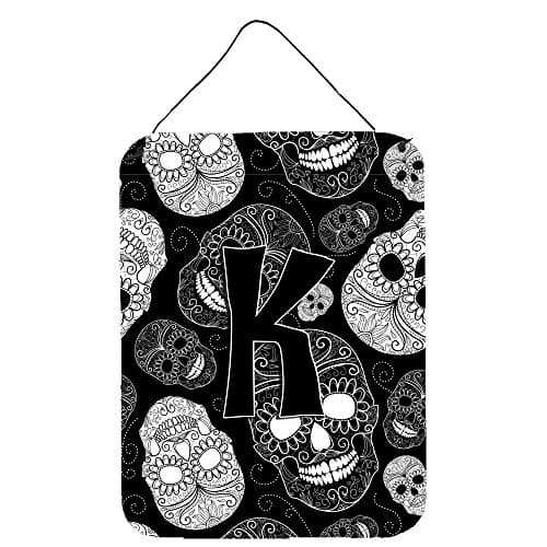 Caroline's Treasures CJ2008-KDS1216 Letter K Day of the Dead Skulls Black Wall or Door Hanging Prints Aluminum Metal Sign Kitchen Wall Bar Bathroom Plaque Home Decor Front Door Plaque, 12x16, Multicol