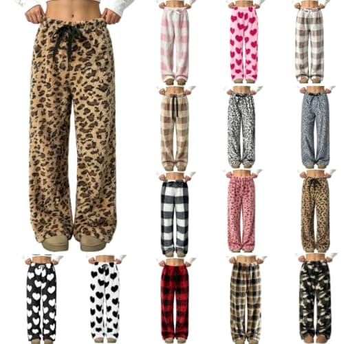 Warm Teddy Fleece Women Lounge Pants Leopard Plaid Heart Printed Wide Leg Pajama Pants Relax Fit Casual Sleep Trousers for Holiday Present