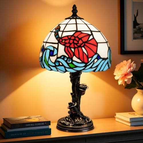 Exporify Tiffany Lamp,Fish Lamp,8" Stained Glass Lamp | Tiffany Style Lamp,Vintage Lamp for Living Room,Bedroom,Nightstand – Handcrafted Table Lamp,Includes LED Bulb
