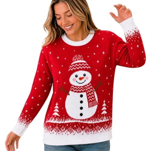 Ugly Christmas Sweater Women:Funny Snowman Costume Knit Pullover | Snowman crewneck knit sweater with snowflake and tree details, soft 100% acrylic for Xmas parties and winter outfits