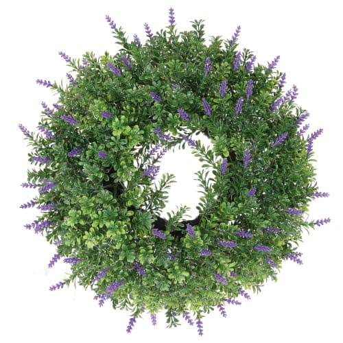 FPROOM 18 in Boxwood Wreath for Front Door | Artificial Boxwood Wreath with Lavender Flowers,Purple Floral Porch Decor,Year-Round Rustic Home Wall Decor