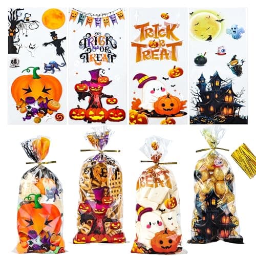 NPLUX Halloween Cellophane Treat Bags, 100 Pack, 4 Designs, 4.8 x 10.6 in | Clear goodie and candy bags, 2 mil thick, gold twist ties included, cookies, popcorn, party favors