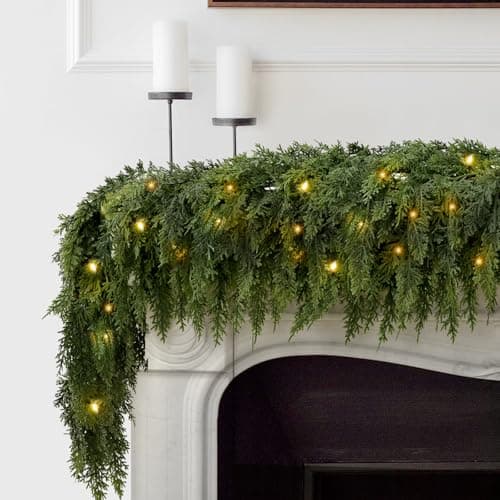 2Pcs 6FT Christmas Garland with Lights, Real Touch Cedar Garland | Artificial Greenery Garland with 80 Cedar Branches,8 Lighting Modes with Timer for Mantel, Table, Stair, Holiday Winter Decor