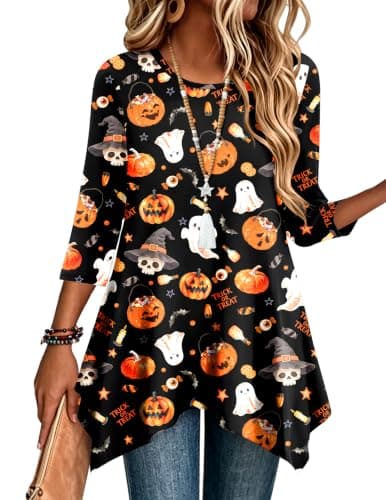 Zeagoo Womens Tops 3/4 Sleeve Loose Fit Dressy Tunics Plus Size Boho Shirts | Summer Tops for Women, Fall Clothes, Dressy Casual Blouses, Crew Neck Tunics to Wear with Leggings, Asymmetrical Hem