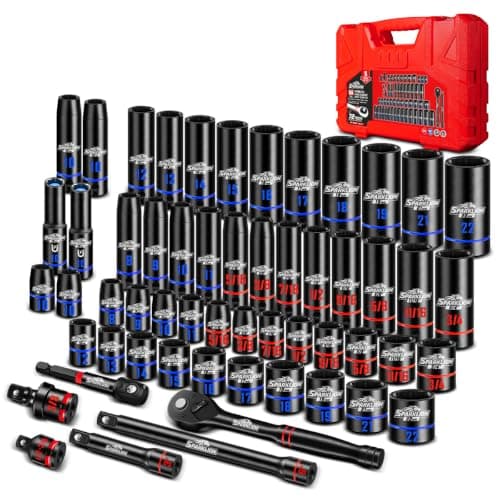 3/8 Impact Socket Set 56PCS, SAE (5/16 to 3/4 inch) and Metric (8mm-22mm) | Dual-Color Size Marking, Deep & Shallow Socket, Multiple 10mm Sockets, 6-Point, CR-V Steel, 72T Ratchet for DIY, Auto Repair