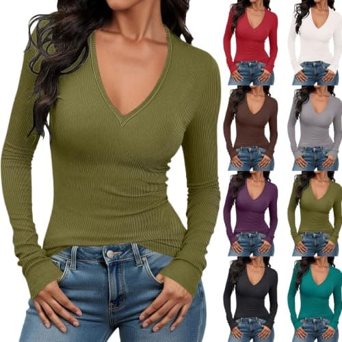 Women Sexy V Neck Ribbed Long Sleeve Shirts Fall Stretch Fitted Tops Basic Layering Tops Workout Business Casual Cute Plus Size Date Night Tshirts Army Green