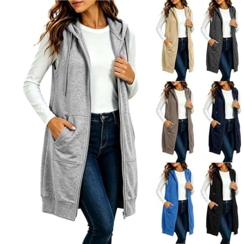 Women's Longline Hooded Vests Zip Up Sleeveless Casual Vest with Pocket | Open Front Long Waistcoat, Hood Vest, Large Patch Pockets, Loose Cut Casual Outerwear, Everyday Wear