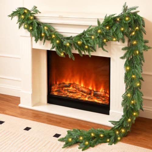 5.9FT Realistic Cedar Garland with Lights, Artificial Pine Garland | Realistic PE Greenery, 8 Lighting Modes with Timer, Battery Operated Lighted Pine Garland, Mantel Fireplace Stair Table Decor