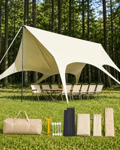 Camping Tarp with Poles, 10x18FT Tarp Shelter, No Guy Lines, Beige, Fast Setup, Water-Resistant 210D Oxford Fabric, 8.5FT Assembled Poles, Fits Up to 10 People for Camping & Picnic