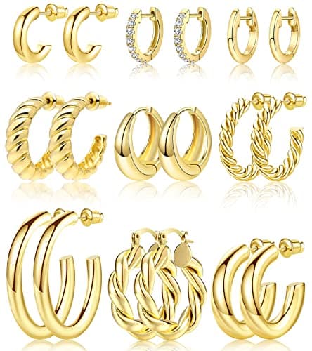 Adoyi Gold Hoop Earrings Set for Women Girl Trendy 14K Plated Gold Hoops Small Chunky Earrings Twisted Huggie Ear ring Pack Lightweight 9 Pairs Jewelry Set for Valentines Mother's Day Birthday Gifts