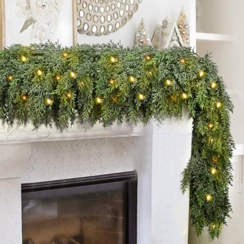 6FT Thick Christmas Cedar Garland with Lights, Layered Faux Greenery Decor | One Garland Creates a Full Look.Realistic Two-Tone Cedar Stems,Battery Operated Lighted Garland for Mantel Stairs Table Decor