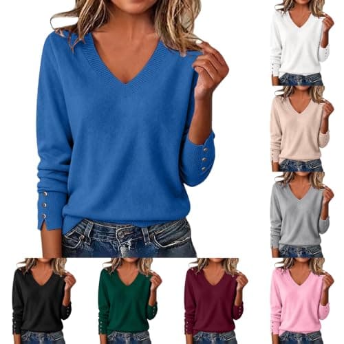Women V Neck Sweater Long Sleeve Knit Pullover Solid Color Loose Fit Basic Knit Top with Decorative Button Cuffs Casual Fall Winter Everyday Sweaters for Ladies
