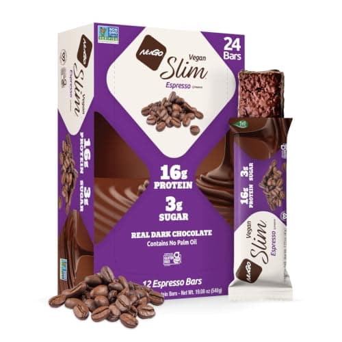 NuGo Slim، نكهة الإسبريسو، لوح بروتين نباتي 16 جرام، 7 جرام ألياف، خالٍ من الغلوتين، 24 قطعة