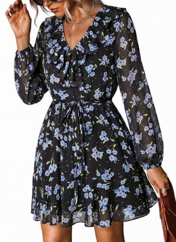 dowerme Women Belted Floral Polka Dot Mini Dress,Black Blue Floral,XXL | Fall Casual Long Sleeve Ruffle V Neck Button A Line Short Dresses,Spring Flowy Chiffon Boho Floral Beach Vacation Sundress