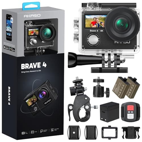 AKASO Brave 4 Action Camera 4K30 Ultra Hd Waterproof Underwater Camera | 20MP EIS WiFi Remote Control 170° FOV 5X Zoom Sport Camera for Snorkel Travel with Bicycle Helmet Motorcycle Accessories Kit
