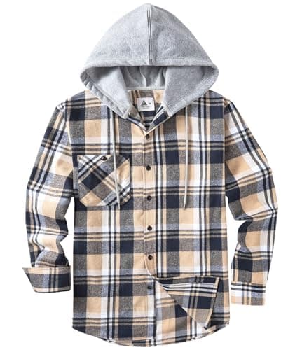 JACKETOWN Men's Flannel Long Sleeve Hoodie Shirts Casual Button Down Plaid Shirt Jackets Stylish with Pocket Beige