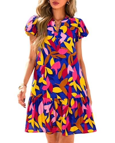 dowerme Women Puff Sleeve Floral Mini Babydoll Dress,Blue Floral,L | Summer V Neck Loose Fit A Line Boho Dresses 2026,Fall Cute Ruffle Short Sundress with Pockets,Spring Beach Vacation Clothes