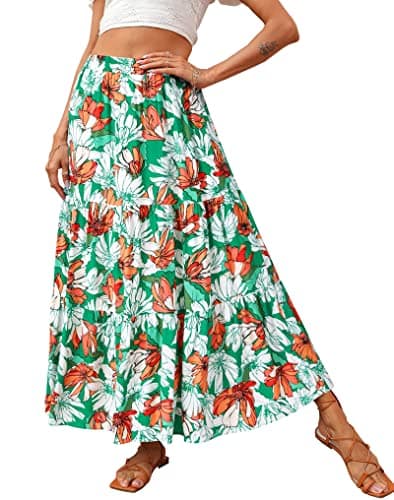 KIRUNDO Maxi Skirts for Women Summer Boho Floral Long Skirt | High Waist Tiered Flowy Skirt, 2026 Spring Fall Fashion, Casual Teacher Outfits, Beach Vacation Clothes, Cruise Resort Wear