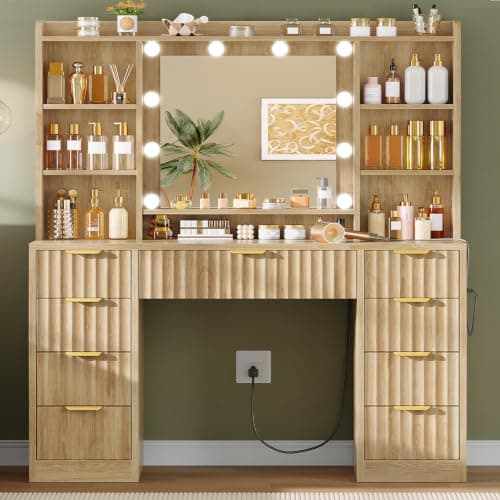 FIONESO Fluted Vanity Desk with Mirror and Lights, Power Outlet, Makeup Vanity with 9 Drawers & 6 Open Storage Shelves, 3 Lighting Modes Brightness Adjustable, Natural Oak