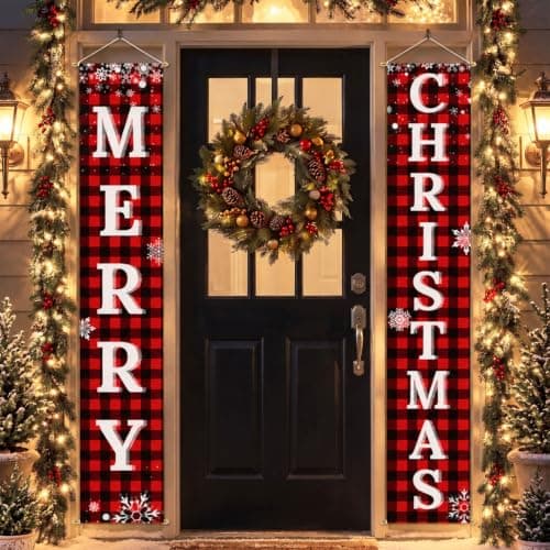 Ivenf Christmas Decorations Outdoor Yard Front Porch Sign Set, Red Black Buffalo Plaid Door Banner, Hanging Merry Christmas Decorations for Home, Indoor Outdoor Xmas Decor Wall Front Door Yard Garage