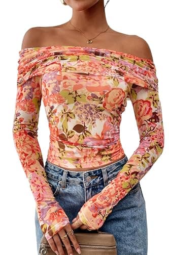 PRETTYGARDEN Women Off The Shoulder Floral Mesh Tops,White Multicolored,XXL | Fall Sexy Long Sleeve Shirts 2026,Fitted Ruched Going Out Crop Top,Spring Lightweight Soft T-Shirts,Club Party Y2K Clothes