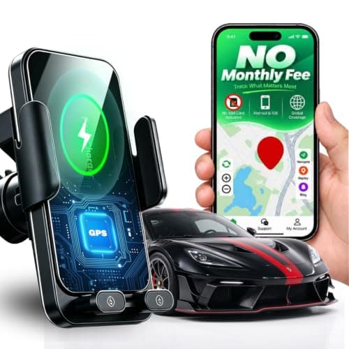 GPS Tracker for Vehicles – Subscription-Free Vehicle Tracker Wireless Car Charger 15W Auto Clamping Phone 3-in-1 Car GPS Tracker Phone Holder Applicable to iOS Black