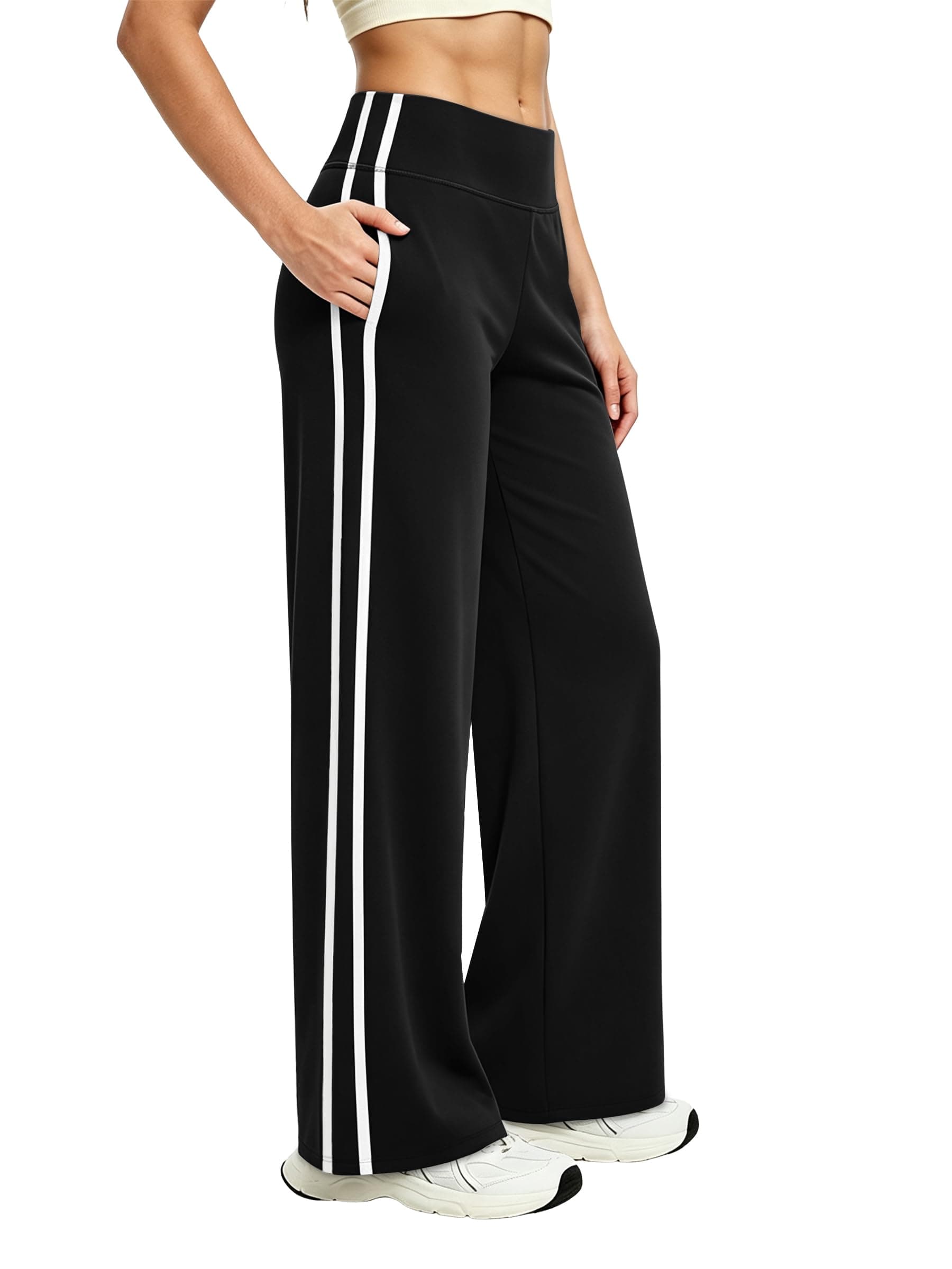 Alaroo Women's Pants Wide Leg High Waist with Pockets Loose Stretch Casual | Wide Leg Track Pants, High Waist, Contrast Side Stripes, Stretch Fabric and Pockets for Casual, Workout and Everyday Wear