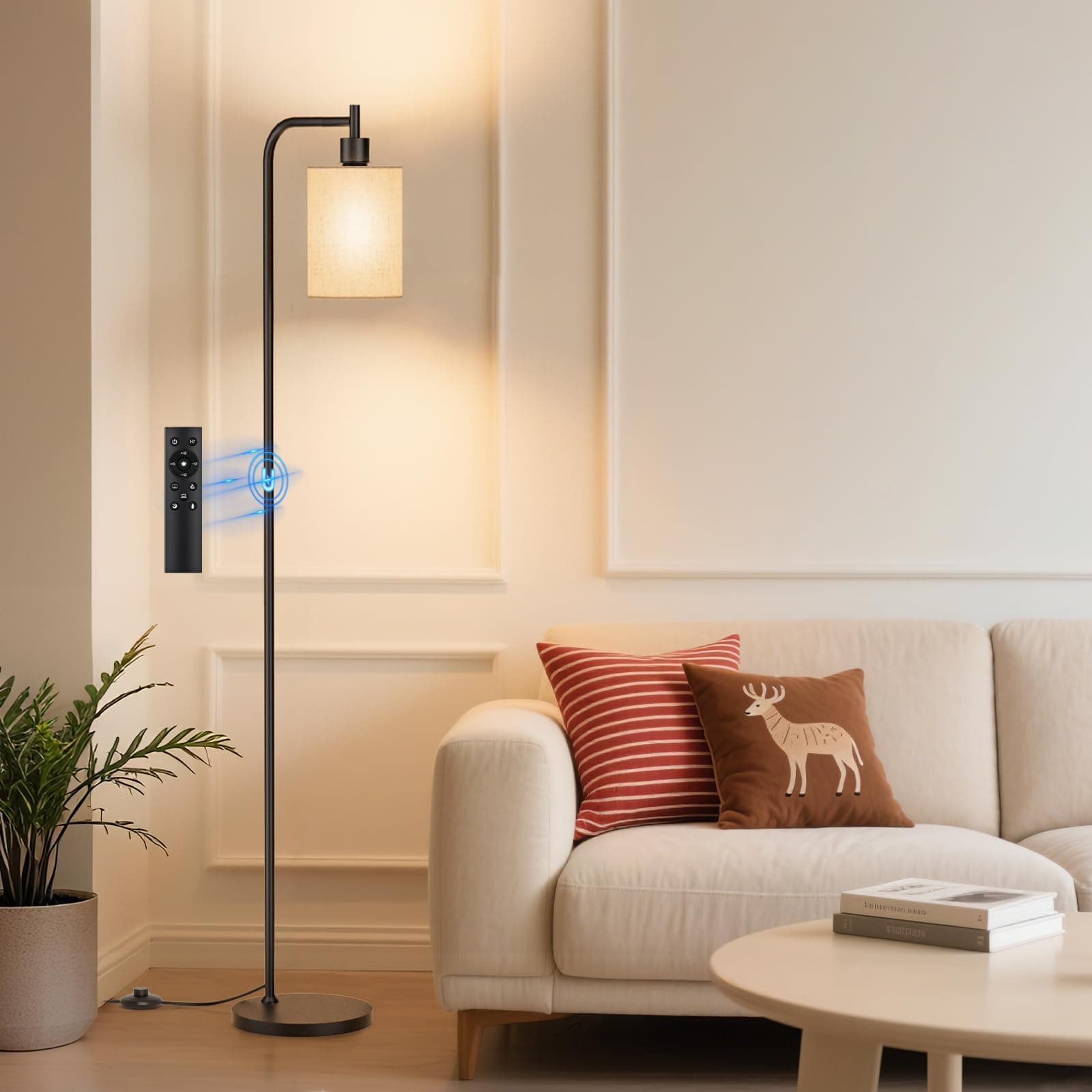 SIBRILLE Floor Lamp with Linen Shade, Dimmable Tall Standing Lamp with Remote Control & 3 Color Temperatures, Modern Floor Lamps for Living Room Bedroom Office Corner, 9W LED Bulb Included