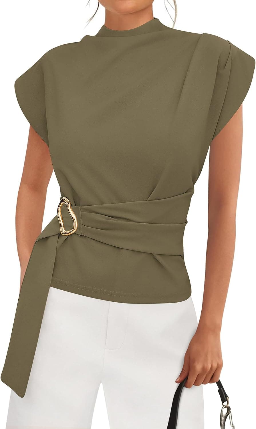 PRETTYGARDEN Women Blouses Summer Business Casual Tops,Army Green,S | Fall Dressy Cap Sleeve Mock Neck Work Shirts,Casual Buckle Belted Tunic Top,Spring Back Zipper Formal Office Blouse
