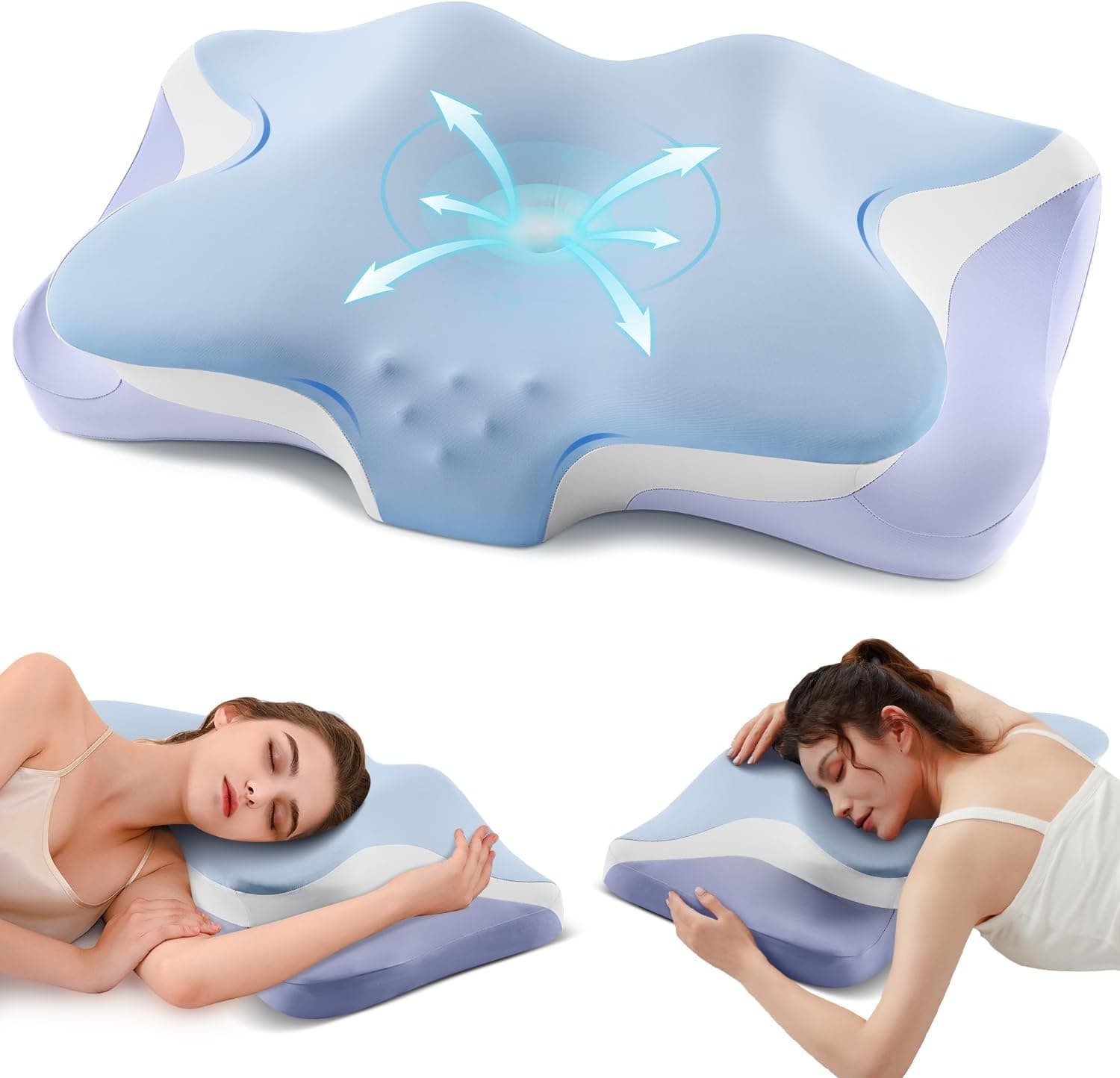Cervical Pillow for Neck Pain Relief - Ergonomic Memory Foam Pillows for Sleeping, Cooling Contour Neck Support Pillow for Side, Back, Stomach Sleepers with Anti-Pilling Pillowcase Queen Size-Blue