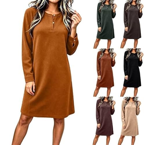 Zaelviss Women Faux Suede Sweatshirt Dress Long Sleeve Round Neck Shift Mini Dresses Loose Relax Fit Casual Textured Tunic Dress Brown