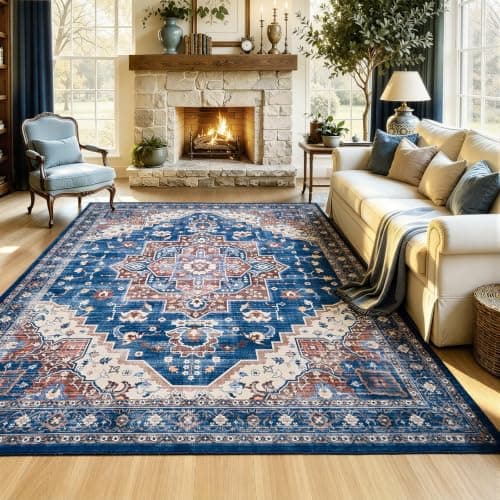 UKISS Washable Rugs Mats,Ultra Soft Faux Wool Memory Foam Rug for Bedroom, 5'x7' Non Slip Large Area Rugs for Living Room ,Low Pile Boho Carpets for Home Office,Blue