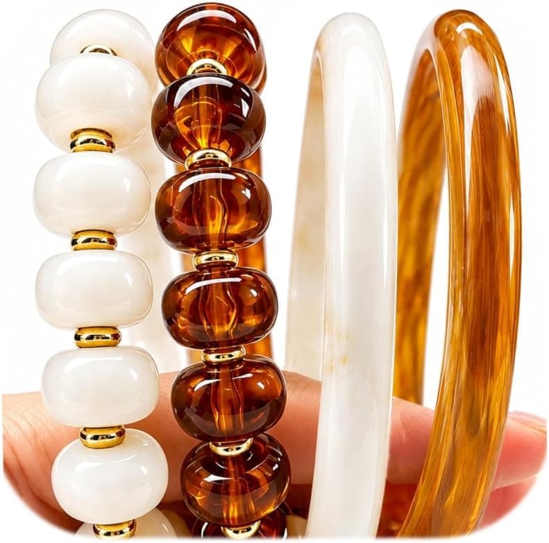 FAXHION Stackable Stretch Beaded Bracelet Set for women, 4PCS Acrylic Resin Elastic Strand & Thin Ivory White Bangle Bracelets, Minimalist Vintage Stacking Jewelry, ivory White
