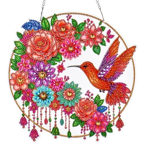 Hanging Diamond Art for Adults, Floral Hummingbird Diamond Painting Pendant | Hummingbird Floral Circle Diamond Art Pendant, Matching Printed Back, Indoor Decor and Gifts