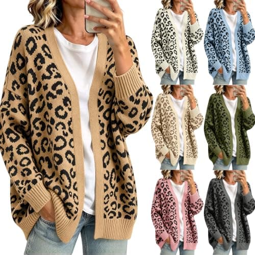 Women Leopard Knit Cardigan Open Front Long Sleeve Loose Sweater Jacket Casual Layering Coat for Fall Winter