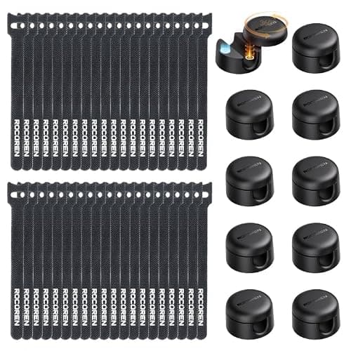 Rocoren 50‑Pack Rotatable Cable Clips & Cord Straps Cable Management Kit | 10 Magnetic Clips & 40 Reusable Hook and Loop Cord Straps, Cord Holder Accessories for Under Desk, Nightstand, Home & Office