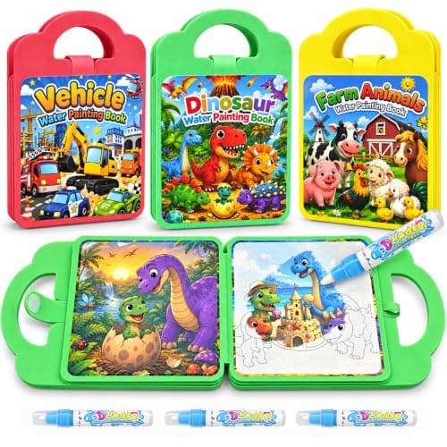 KOKODI Water Painting Book for Toddlers 1-3, 3 Pack Reusable Magic Water Coloring Books with 3 Water Pens, No Mess Painting Activity for Kids Ages 3+, Travel Toy Gift for Boys Girls