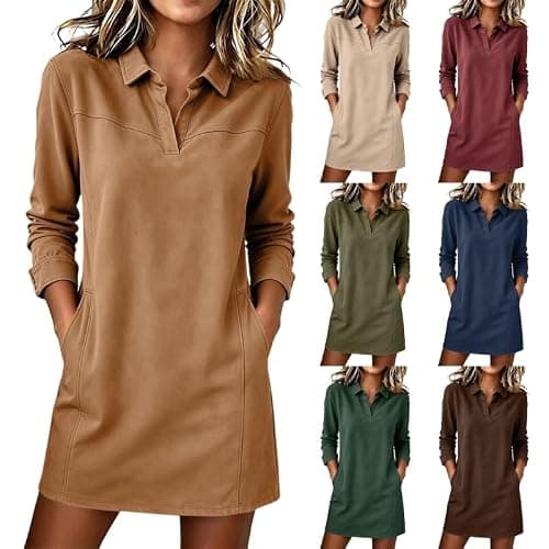 Women Vintage Fall Mini Dress Faux Suede Shirt Dress Collared V Neck Long Sleeve Casual Western Shift Dresses Khaki