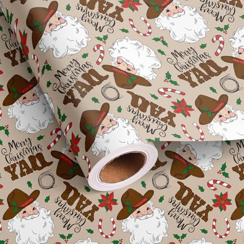 Altarho Western Christmas Wrapping Paper Roll - Retro Cowboy Santa Claus Merry Christmas Yall Words Design Gift Wrap for Boys Winter Celebration Holiday Decoration Total 28.5sq.ft