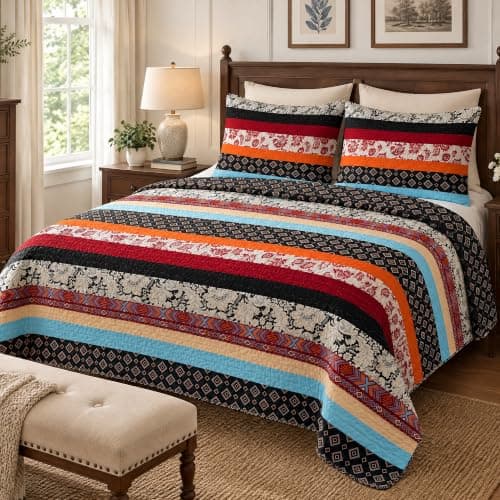 kingrest Boho Quilt Sets, Reversible Lightweight Bedspread,Queen | Lightweight Bohemian Microfiber, Breathable All-Season Coverlet with Shams, Bedroom All Seasons