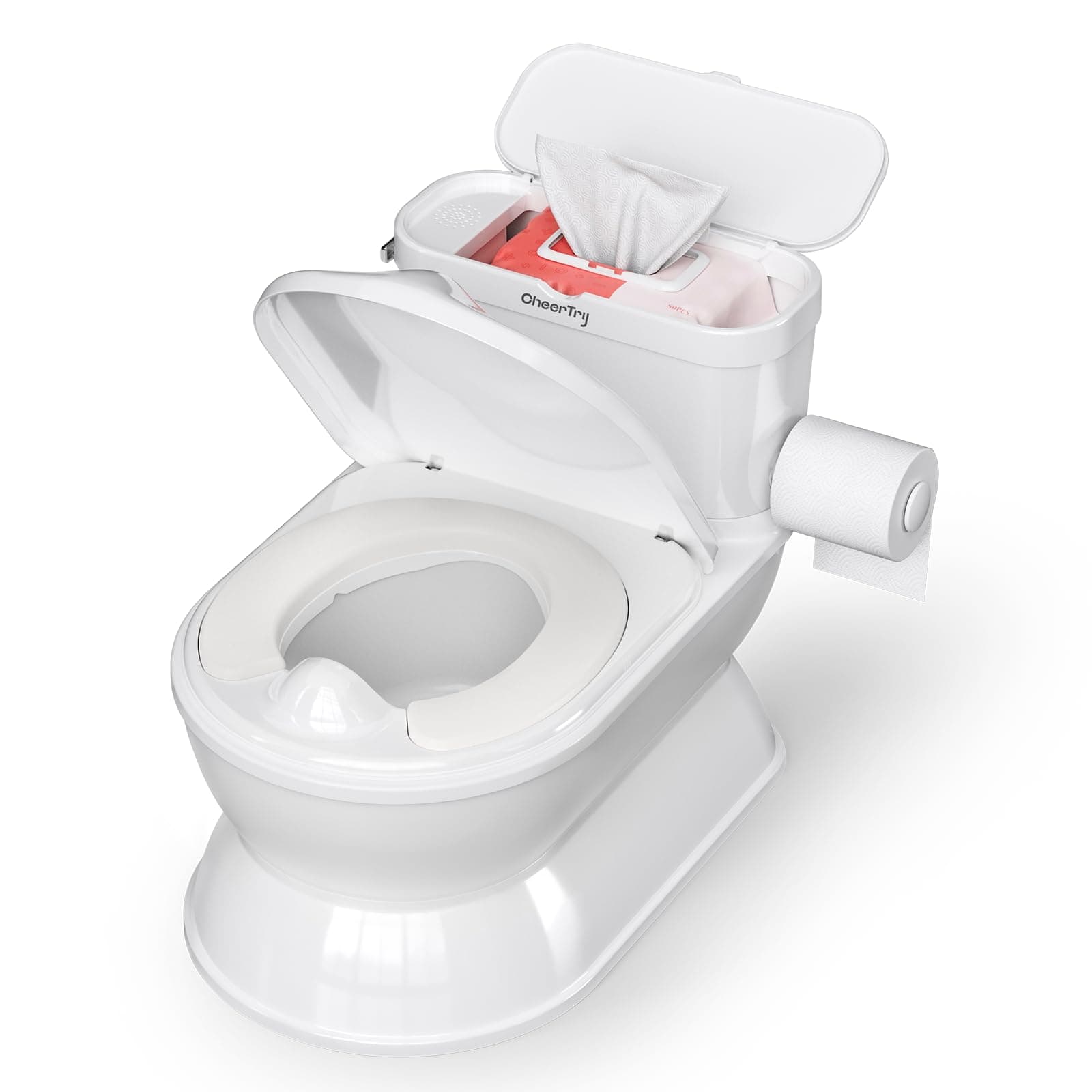 CheerTry Toddler Potty Training Toilet, Larger Potty Chair, Detachable Seat | Suitable for Boys & Girls Ages 1-3, with Flushing Sound, Wipes Storage, Toilet Lid & Toilet Paper Holder - White