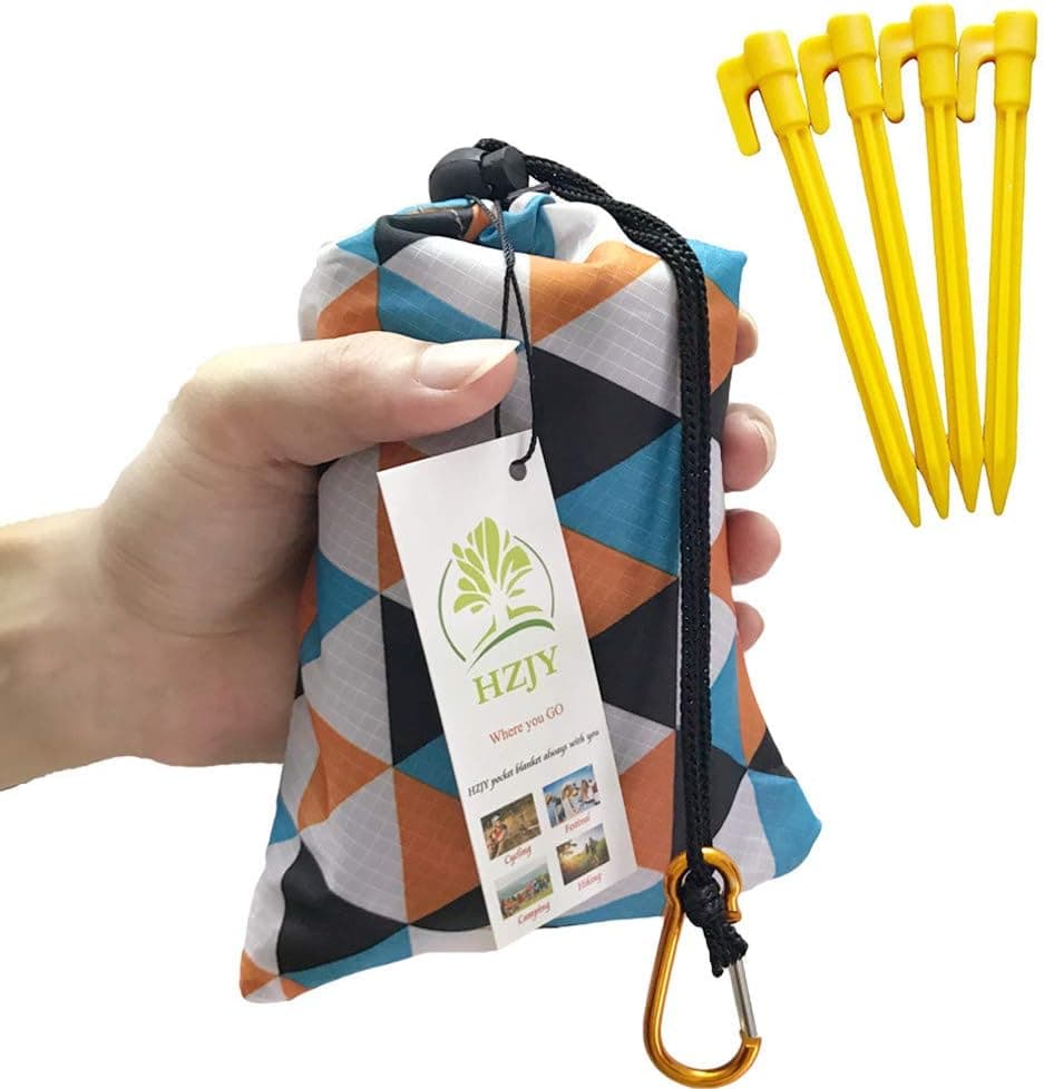 HZJOYUE Pocket Picnic Blanket, Compact Lightweight Waterproof Beach Blanket | Sandproof, Easy to Carry, With Stakes & Carabiner ,Quick Dry Outdoor Blanket for Beach, Hiking, Camping, Travel, Festivals