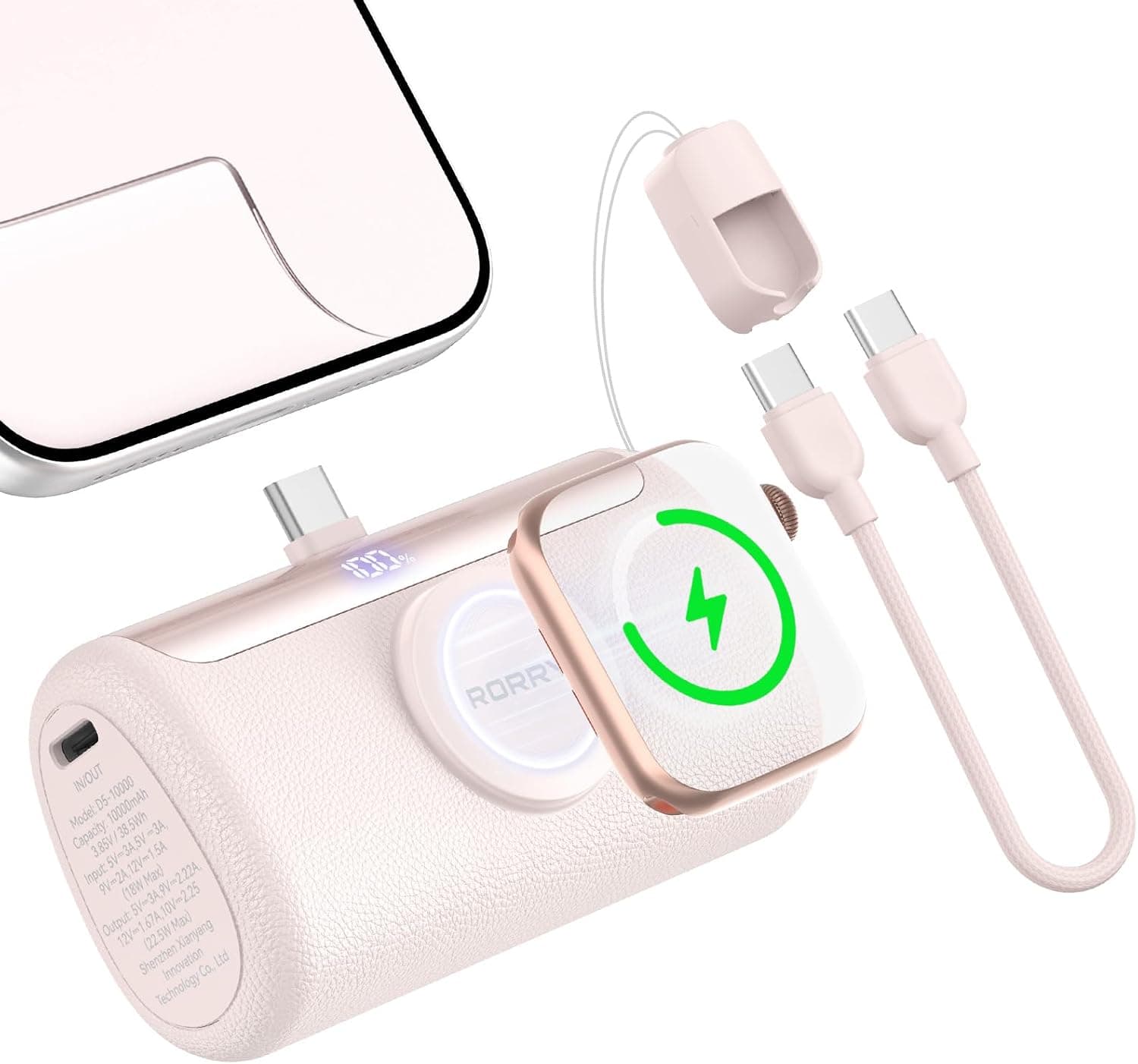 RORRY PalmGo Portable Charger Power Bank 10000mAh 3-in-1 Mini Battery Pack | Built-in USB-C Connector, 22.5W Fast Charging, for iPhone 18 Pro/17/16/15, Apple Watch, iPad, Travel Essential, Pocket Size